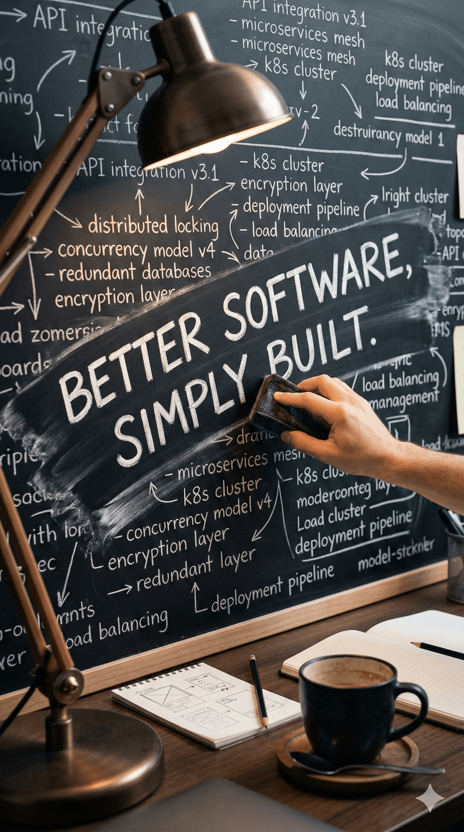 A hand erasing complex architectural diagrams on a blackboard to reveal the text: Better Software, Simply Built.