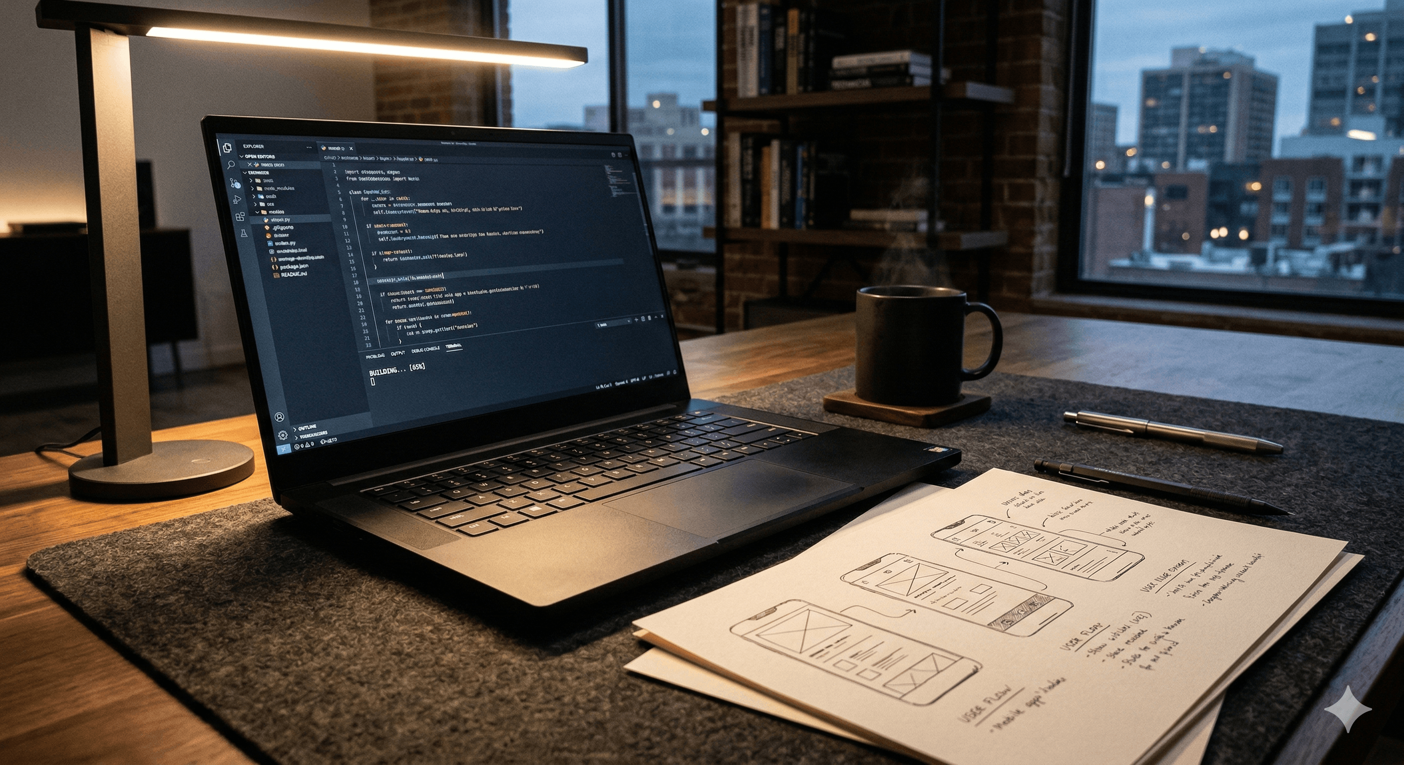 A dark, modern developer workspace featuring a laptop open to code next to hand-drawn UI wireframes.